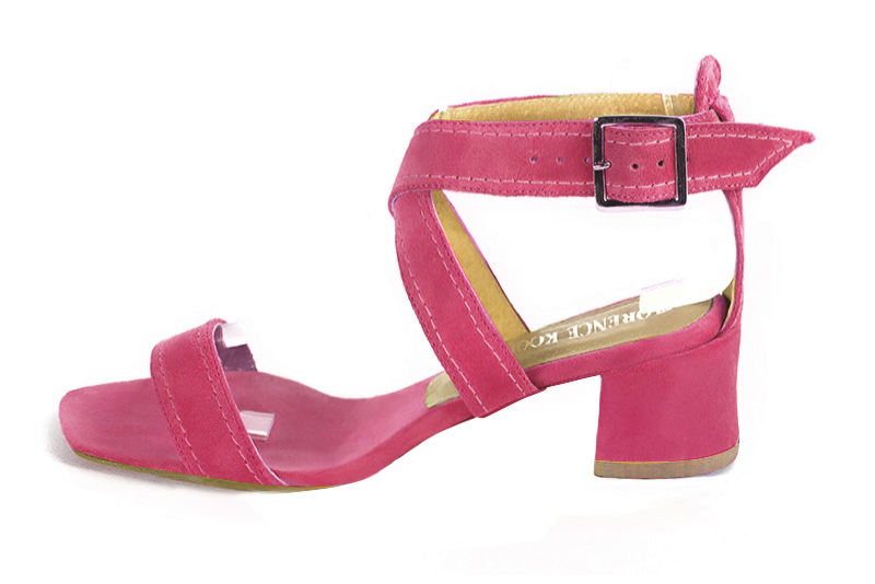 Fuschia pink women's fully open sandals, with crossed straps. Square toe. Low flare heels. Profile view - Florence KOOIJMAN